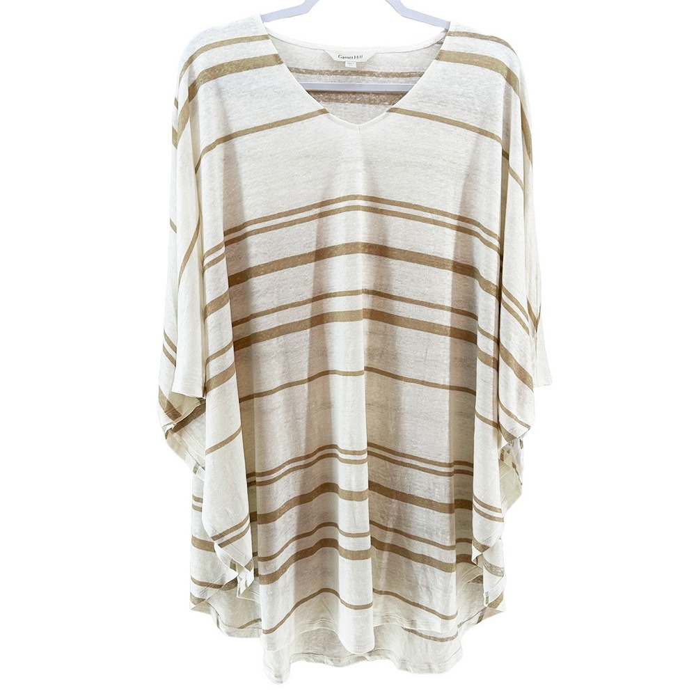 GARNET HILL 100% Organic Linen Boho Striped Swim Cover Up • Small • white, tan
